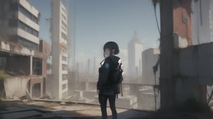 a girl in techwear looking at the horizon in an abandoned city