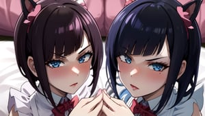 pov, 2 girl, masterpiece, symmetrical face, ((well detailed eyes and face)), beautiful face, best quality, bangs, makeup, ragged fringe, full body, good anatomy, correct proportions, dynamic pose, well detailed hands, pretty fingers, 5 fingers on each hand, thumb, blushing, short hair, messy hair, golden eyes, bed, ((two twin maids looking at the viewer with a hateful face)),(maid),penisface