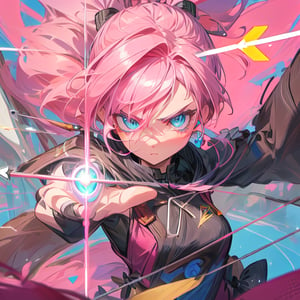 masterpiece, well detailed face and eyes,((an archer with pink hair and blue eyes who points an energy arrow at the viewer)), serious look, bow, energy arrow, detailed background, 5 fingers, hand and fingers well detailed,no_humans