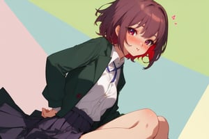 a girl, short hair, bangs, blush hair, claret eyes, pout, Skirt dark green, Blouse eggplant, Jacket alice blue