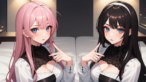 ((2 girls)), masterpiece, symmetrical face, ((well detailed eyes and face)), beautiful face, best quality, bangs, makeup, undone fringe, full body, good anatomy, correct proportions, dynamic pose, good hands detailed, pretty fingers, 5 fingers on each hand, thumb, blushing, short hair, messy hair, golden eyes, bed, two twin maids looking at the viewer with a hateful face