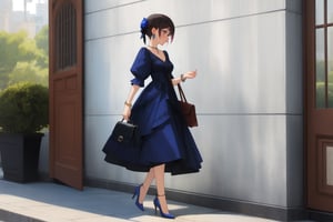 Prussian blue dress, high heels, small handbag, earrings, bracelet