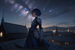 1 girl, on top of a building, dark starry night, (night), detailed background, excellent quality, good composition, blue clothing, armor, short hair