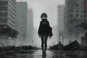 a cyberpunk girl alone in a destroyed city with a melancholic atmosphere produced by the rain that wets the city looking towards the camera