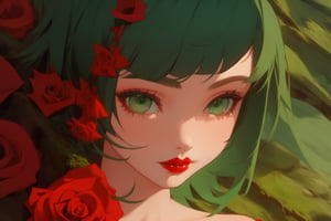 Shag cut, dark green eyes, moss green hair, rose red lips, Shag cut, dark green eyes, moss green hair, rose red lips