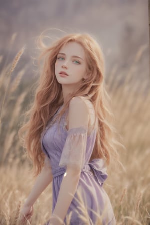 photorealistic, fullbody, a european young girl with long red hair, wavy hair, emerald green eyes, innocent face, skin detailed, realistic skin, detailed facial features, hyper detailed, super detailed face, beautiful face, european face, european features, modest breasts, wearing simple lilac dress with no sleeves, lilac dress, outdoor, walking on a wheat field, dynamic pose, windy, looking at sky, extremely detailed, ultra-detailed, hyper detailed, fine detail, intricate detail, summer lighting, ray tracing, warm colours, depth of field, highres, an extremely delicate and beautiful, hdr, masterpiece, fullbody figure, european face features, detailedface, 4k, high quality, Detailedeyes, summer dress, Detailedface, red hair, fullbody,Detailedface,1 girl,Detailedeyes