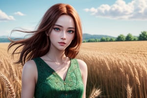 photorealistic, fullbody, a european girl with long red hair, emerald green eyes, innocent face, skin detailed, realistic skin, detailed facial features, hyper detailed, super detailed face, beautiful face, european face, modest breasts, wearing simple lilac dress with no sleeves, outdoor, walking on a wheat field, dynamic pose, windy, looking at sky, fullbody, extremely detailed, ultra-detailed, hyper detailed, fine detail, intricate detail, summer lighting, ray tracing, warm colours, depth of field, highres, an extremely delicate and beautiful, hdr, masterpiece