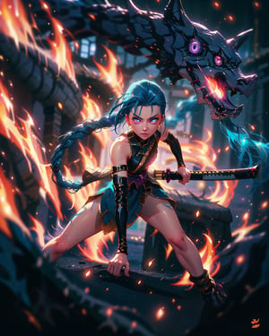 (1girl),a woman holding a katana, blue glowing eyes, dynamic position, action_pose, aura, blurry_background, house in fire in background,JinxLol,Savage_Design