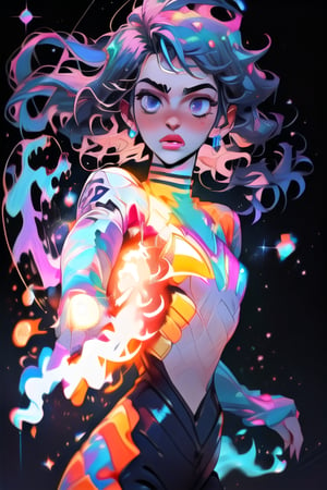 Astral form of curiosity, (beautiful face:1.2), detailed eyes, imagination, orange, blue, purple and white neon colors, full body on the image, she is floating in the space, (aura:1.2), battle pose, electric tight suit, blackhole and universe at the background