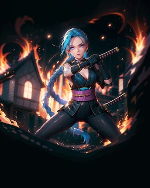 (1girl),a woman holding a katana, blue glowing eyes, dynamic position, action_pose, aura, blurry_background, house in fire in background,adstech,cloudstick,JinxLol