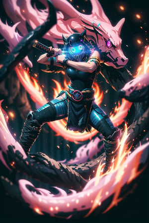 (1girl),a woman holding a katana, blue glowing eyes, dynamic position, action_pose, aura, blurry_background, house in fire in background,cloudstick,Savage_Design