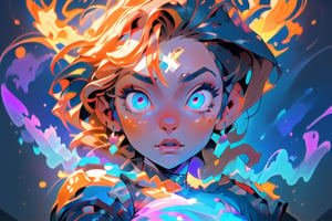 Astral form of curiosity, beautiful face, detailed eyes, imagination, orange, blue, purple and white neon colors, full body, she is flying in the sky, sunrises ath the background, EnvyBeautyMix23
