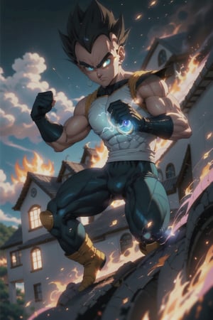 Vegeta from Dragon Ball Z, blue glowing eyes, dynamic position, action_pose, aura, blurry_background, house in fire in background,cloudstick,Savage_Design,High detailed 