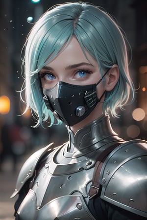 centered, upper body, award winning upper body portrait, (detailed face), (beautiful detailed eyes:1.2), (glowinig eyes:1.2), (aura:1.1), | solo, short hair, aqua hair color, light blue eyes, (iron plate mouth mask:1.2), | symetrical and detailed armor, | fantasy town, medieval, european street, | bokeh, depht of field, | hyperealistic shadows, smooth detailed, blurred background,