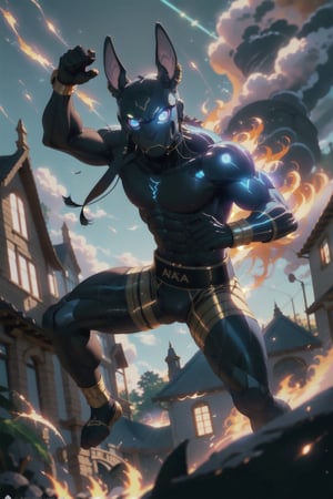 Anubis as muay thai fighter, blue glowing eyes, dynamic position, action_pose, aura, blurry_background, house in fire in background,cloudstick,Savage_Design,High detailed 
