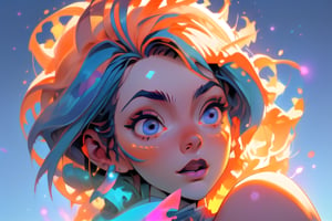 Astral form of curiosity, beautiful face, imagination, orange, blue, purple and white neon colors, full body on the image, she is flying in the sky, sun rises at the background, EnvyBeautyMix23