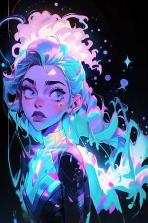 Astral form of curiosity, (beautiful face:1.2), detailed eyes, imagination, orange, blue, purple and white neon colors, full body on the image, she is floating in the space, (aura:1.2), electric black neon tight suit, blackhole and universe at the background