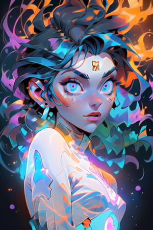 Astral form of curiosity, beautiful face, detailed eyes, imagination, orange, blue, purple and white neon colors, full body, floating in the space,EnvyBeautyMix23