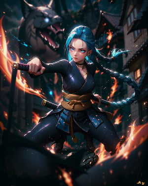 (1girl),a woman holding a katana, blue glowing eyes, dynamic position, action_pose, aura, blurry_background, house in fire in background,adstech,cloudstick,JinxLol