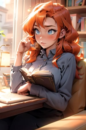 young woman, (beautiful detailed eyes:1.2), (glowinig eyes:1.2), (aura:1.1), orange_hair, morning_hair, long_hair, she is at her department, waking up,  light_particles, light_day, there is a sofa, desktop and a bookseller
