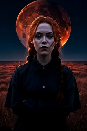 2 Face only, woman, redhead, demon , black_eyes, braided hair on one side, blood moon in background,