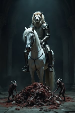 A dark, mysterious scene featuring a soldier in armor with a lion's head and small horns, mounted on a white horse. At their feet lies a pile of putrefied remains, around which small, mischievous demons play. The composition is centered on the soldier and horse, with the remains and demons positioned around them, creating a sense of tension and intrigue. The lighting is low and shadowy, with deep contrasts that emphasize the soldier's lion-like appearance and the eerie presence of the demons. The overall mood is dark and enigmatic, drawing the viewer into the mysterious world depicted.