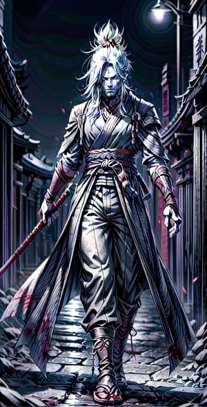  foto galardonada, alta definicion ; 8k , cgi; cuerpo completo, hombre fuerte ; ojos penetrantes ( amarillos completos ) , shinobi (sekiro nioh ), pantalon negro , armadura de brazo, coraza, armadura de cadera , black_yukata, pelo ( largo, liso, blanco) , 
fondo  de aura oscura (blood borne) ; (noche) calle antigua , luces rojas ,perfecteyes,drow (orejas normales)