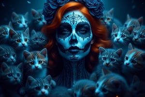 A beautiful red-haired woman, dressed as a Catrina in blue makeup, wishes a happy Halloween. The scene is bathed in cool blue tones, with many kittens surrounding her. The composition is centered on the woman, with the kittens symmetrically arranged around her. The lighting is soft and blue, creating a serene and festive atmosphere. The background is slightly blurred, emphasizing the main subject.