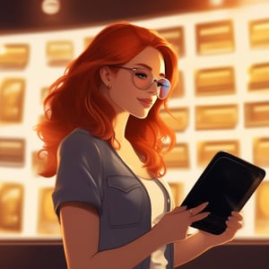 A young red-haired woman with large glasses, intensely focused on her graphic tablet, designing in a comic style. Behind her, on the wall, gold records and music industry awards are displayed. The scene is framed in a medium shot, with soft, warm lighting highlighting her concentration and the accolades. The composition emphasizes her dedication and success in the music industry.