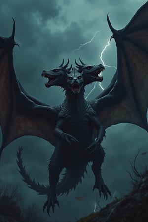 A dragon with three heads, two of which are dog-like with snarling muzzles, and the other two heads partially obscured by its expansive wings. The dragon is in mid-flight, wings spread wide, creating a dynamic silhouette against a stormy sky. The scene is dimly lit, with flashes of lightning highlighting the intricate scales and the fierce expressions of the visible heads. The composition is dramatic, focusing on the tension between the exposed and hidden heads, and the powerful, sweeping motion of the dragon's wings.