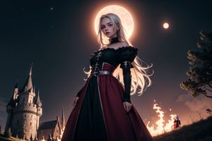 art paint of a young girl, evil girl , hair white , long hair, black full eyes, long red and white dress , emotionless, looking at viewer, medieval clothing, posing, high angle, castle background (con una luna de sangre de fondo), apocalips, fire 