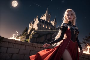 art paint of a young girl, evil girl , hair white , long hair, black full eyes, long red and white dress , emotionless, looking at viewer, medieval clothing, posing, high angle, castle background (con una luna de sangre de fondo), apocalips, fire 