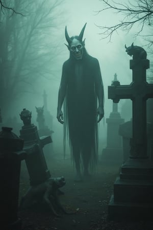 A sinister demon leisurely strolling through a foggy cemetery, its presence casting an eerie shadow over the tombstones. Small, impish devil-like creatures playfully rearrange the gravestones, their mischievous antics creating a sense of unease. The scene is dimly lit, with a mix of cool and warm tones, enhancing the spooky atmosphere. The composition is dynamic, with the demon in the foreground and the playful devils in the background, adding a sense of tension and mystery.