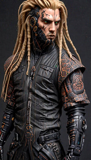 ((cowboy shot)),1man,High tech cybernetic warrior Very long blonde dreads, detail, high detail, warrior with old black leather ,((briar pattern tattoos:1.4)), jet black armor, rusty cyber belt buckle, rusty spikes, old leather armor , 2077, cyberpunk, zavy-cbrpnk, faceplate,darktattoo