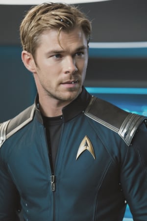 ((masterpiece, best quality)), absurdres, (Photorealistic 1.2), sharp focus, highly detailed, top quality, Ultra-High Resolution, HDR, 8K, photo of handsome man, 
photo of handsome man, 30 year old Norwegian man, (Thor from the "Avengers":0.6) (Chris Hemsworth:1.2) ((((as a star trek tos officer black uniform ))) (standing in an control room), epiC35mm, film grain, (freckles:0.0), upper body shot, (plain background:1.6), muscular body, pale skin, (((tight Star Trek tos black uniform))), long blond hair,  photo of perfect eyes, dark eyes, smiling face, cool color grading,
