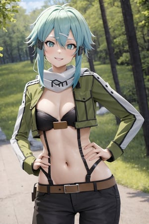 Sinon, anime, masterpiece, best quality, hd, 4k, 5_fignered , cowboy_shot, standing, sexy posing, forest, smiling, hand on hips