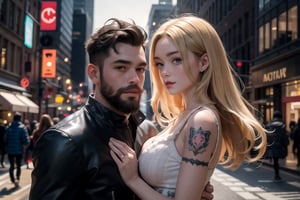 1_man holding 1_woman,in the city,city_scape,large_bust,big_breast,small clothes,tattos,masterpiece,8k,16k,best_quality,highest_quality,detailed_faces,deatiled_eyes,symetrical_faces,beard_black,blonde_hair