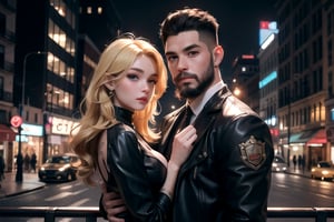 1_man holding 1_woman,in the city,city_scape,large_bust,big_breast,small clothes,tattos,masterpiece,8k,16k,best_quality,highest_quality,detailed_faces,deatiled_eyes,symetrical_faces,beard_black,blonde_hair