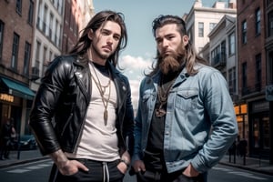 2_men standing posed for music cover/album, beards, rapper style, symetrical face, white_men, long hair, anime_style, manga_book_cover, ripped clothing, (red and black), (blue and black), black_hair_brothers, guns, cityscape, 8k, 16k, detailed_face, detailed_eyes, masterpiece, 