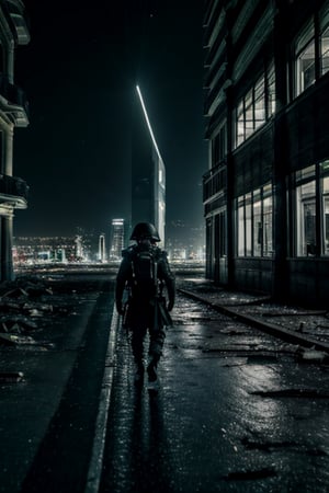 city landscape, (((futuristic))), buildings falling apart, night time, ((lots of lights)), (dark), human poeple amonst demons, ((masterpiece)), most detail, 8k, 16k, most quiality, (face details), full body, landscape shot, humans fight demons, ((war)), death and destruction,