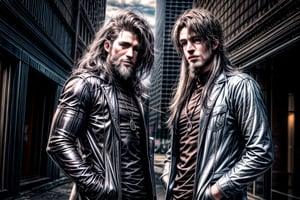 2_men standing posed for music cover/album, beards, rapper style, symetrical face, white_men, long hair, anime_style, manga_book_cover, ripped clothing, (red and black), (blue and black), black_hair_brothers, guns, cityscape, 8k, 16k, detailed_face, detailed_eyes, masterpiece, 