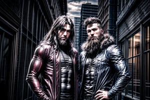 2_men standing posed for music cover/album, beards, rapper style, symetrical face, white_men, long hair, manga_book_cover, ripped clothing, (red and black), (blue and black), black_hair_brothers, guns, cityscape, 8k, 16k, detailed_face, detailed_eyes, masterpiece, 