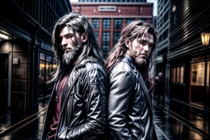 2_men standing posed for music cover/album, beards, rapper style, symetrical face, white_men, long hair, manga_book_cover, ripped clothing, (red and black), (blue and black), black_hair_brothers, guns, cityscape, 8k, 16k, detailed_face, detailed_eyes, masterpiece, 