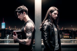 2_men standing posed for music cover/album, beards, rapper style, symetrical face, white_men, long hair, manga_book_cover, ripped clothing, red_black, blue_black, black_hair_brothers, tattoos, cityscape, 8k, 16k, detailed_face, detailed_eyes, masterpiece,(most detail),(best detail), perfict_eyes, perfict_face,