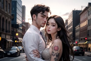 1_man holding 1_woman,in the city,city_scape,large_bust,big_breast,small clothes,tattos,masterpiece,8k,16k,best_quality,highest_quality,detailed_faces,deatiled_eyes,symetrical_faces,caught_in_the_act