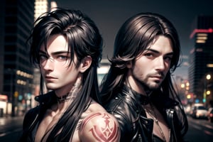 2_men standing posed for music cover/album, beards, rapper style, symetrical face, white_men, long hair, manga_book_cover, ripped clothing, red_black, blue_black, black_hair_brothers, tattoos, cityscape, 8k, 16k, detailed_face, detailed_eyes, masterpiece,(most detail),(best detail), perfict eyes, perfict face,