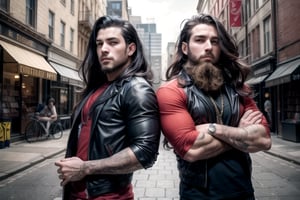 2_men standing posed for music cover/album, beards, rapper style, symetrical face, white_men, long hair, anime_style, manga_book_cover, ripped clothing, (red and black), (blue and black), black_hair_brothers, guns, cityscape, 8k, 16k, detailed_face, detailed_eyes, masterpiece, 