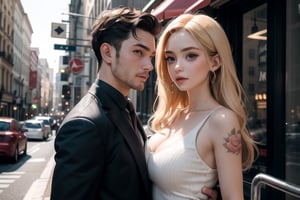 1_man holding 1_woman,in the city,city_scape,large_bust,big_breast,small clothes,tattos,masterpiece,8k,16k,best_quality,highest_quality,detailed_faces,deatiled_eyes,symetrical_faces,caught_in_the_act