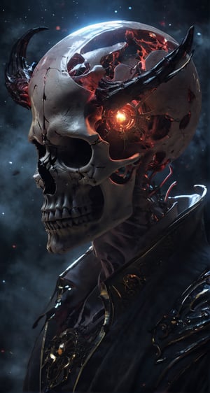 Translucent broken demon lord skull, front view ,eternity in eye socket  ,(intricate detail), (super detailed), 8k hdr, high detailed, soft cinematic lighting, dramatic atmosphere, atmospheric perspective,torch lighting,ray tracing,starry universe background, the pain of a relationship that has ended, but despite this, feelings of love and attachment still persist, difficulty in letting go of someone you still love, even when the relationship seems to have come to an end, despite difficulties and separation, feelings of love have not diminished, emotions, from sadness and pain to hope and nostalgia,dark academia,night_view_background