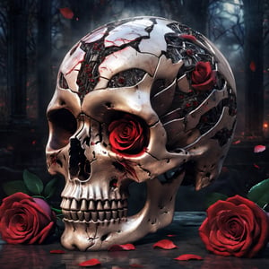 Translucent broken broken skull head, red roses inside, front view, skull head, eternity in eye socket  ,(intricate detail), (super detailed), 8k hdr, high detailed, soft cinematic lighting, dramatic atmosphere, atmospheric perspective,torch lighting,ray tracing,starry universe background, the pain of a relationship that has ended, but despite this, feelings of love and attachment still persist, difficulty in letting go of someone you still love, even when the relationship seems to have come to an end, despite difficulties and separation, feelings of love have not diminished, emotions, from sadness and pain to hope and nostalgia,dark academia,night_view_background